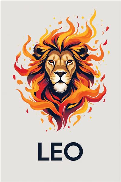 لوگو و طرح گرافیکی سر شیر با یال های آتشین نماد ماه مرداد مناسب برای چاپ روی ماگ، تیشرت و پوستر دیواری اتاق خواب پسرانه و باشگاه های ورزشی