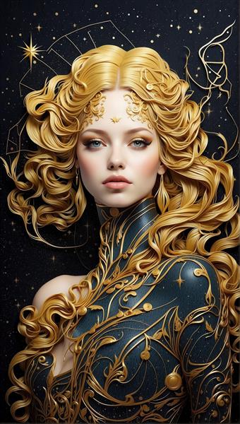 تصویر هنری زن طلایی با تم صورت فلکی و نجوم مناسب برای پوستر دیواری سقف، لابی و محیط‌های مدرن و مینیمال