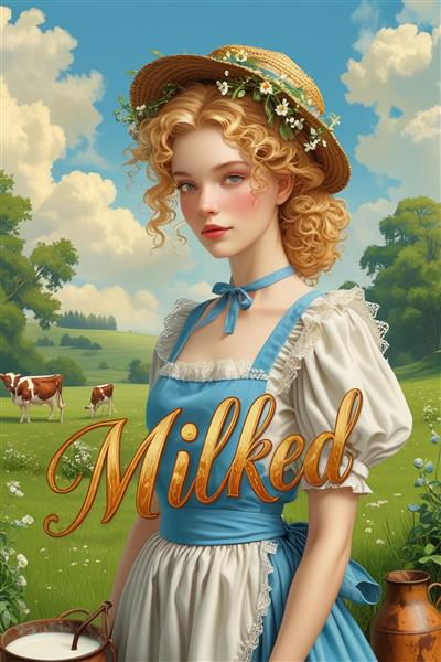 طرح نوستالژیک زن روستایی با کلاه حصیری و گاوها در مرتع مناسب برای پوستر دیواری آشپزخانه و رستوران‌های سنتی