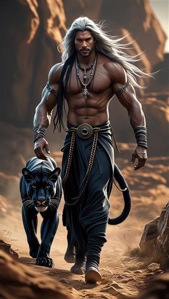 طرح جنگجوی باستانی با پلنگ سیاه در کوهستان مناسب برای پوستر دیواری باشگاه‌های ورزشی و گیم‌نت