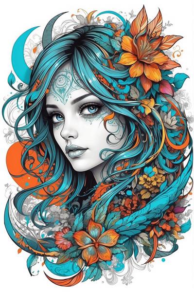 نقاشی دیجیتال چهره دختر با موهای فیروزه‌ای و گل‌های نارنجی مناسب برای پوستر دیواری فانتزی و اتاق نوجوان