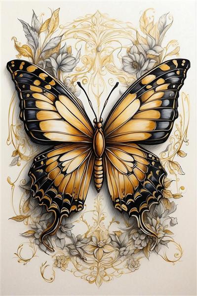 طرح گرافیکی پروانه طلایی و مشکی با نقوش اسلیمی مناسب برای پوستر دیواری پشت تلویزیون و دکوراسیون کلاسیک
