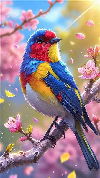 تصویر با کیفیت پرنده رنگارنگ روی شاخه شکوفه گیلاس ویژه چاپ کاغذ دیواری و تابلوهای طبیعت در اتاق خواب و هال