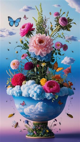 طرح گرافیکی گلدان آسمانی با گل‌های رنگارنگ، ابرهای آبی و پروانه‌ها ویژه پوستر دیواری سه بعدی و چاپ روی کوسن و پرده