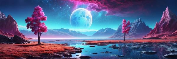 پوستر دیواری پانوراما منظره تخیلی با درختان صورتی، ماه بزرگ و کوهستان برای سالن پذیرایی و اتاق خواب مستر