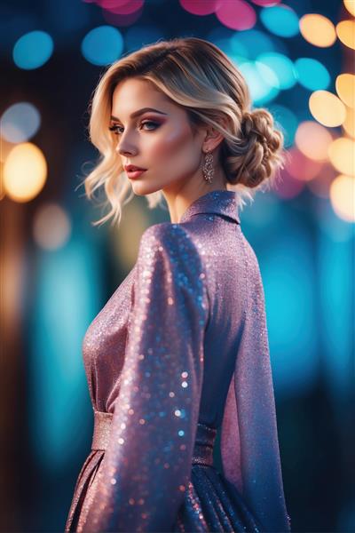 تصویر پرتره زن لوکس با لباس درخشان در میان بوکه نورهای شب مناسب برای تابلو دکوراتیو پذیرایی و سالن‌های مد و فشن