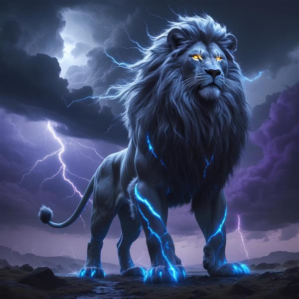 پوستر دیواری مدرن شیر با یال‌های رعد و برقی و نورهای آبی نئون برای اتاق گیمینگ، باشگاه ورزشی و محیط‌های مهیج
