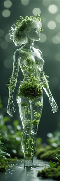 پوستر دیواری سه بعدی بدن شیشه‌ای زن با گیاهان سبز و گل‌های طبیعی مناسب دکوراسیون سالن‌های زیبایی، اسپا و لابی هتل