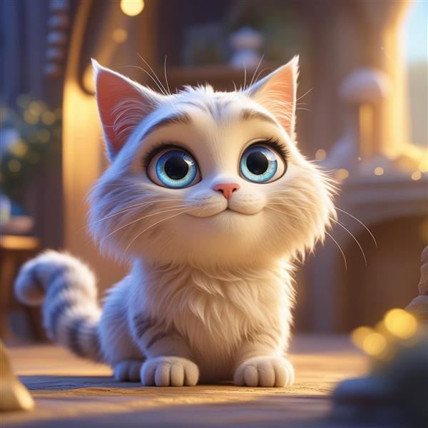 طرح کارتونی گربه سفید پشمالو با چشم‌های آبی براق مناسب برای پوستر دیواری اتاق کودک و نوزاد، استیکر دیواری و جلد دفترچه یادداشت