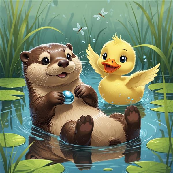 تصویر کارتونی سمور آبی و جوجه اردک در برکه برای چاپ روی روتختی کودک، پرده اتاق نوزاد و تزیینات مهدکودک