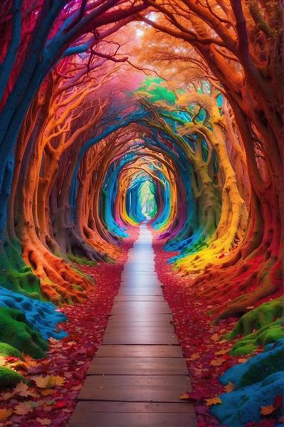 تونل درختی رنگارنگ و جاده رویایی با طیف رنگ‌های شاد ویژه پوستر دیواری عریض پذیرایی و ورودی آپارتمان جهت افزایش عمق بصری