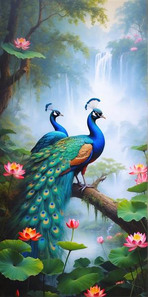 منظره عمودی طاووس‌های زیبا در کنار آبشار و گلهای نیلوفر آبی برای پوستر دیواری راهرو، ویلا و تالارهای پذیرایی با تم طبیعت