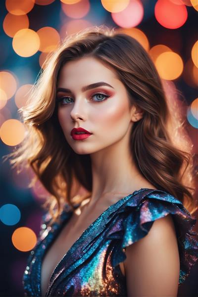 پرتره زن زیبا با پیراهن پولک‌دار در پس‌زمینه بوکه و نورهای رنگی ویژه پوستر دیواری مزون‌های لباس و تابلو شاسی اتاق خواب