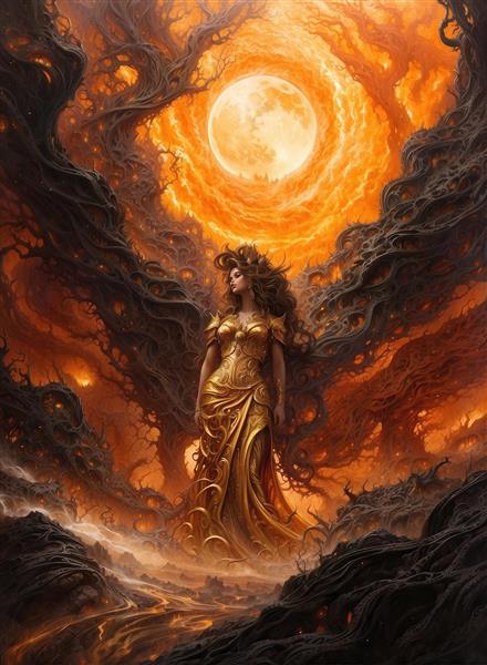 ملکه طلایی در محاصره شاخه‌های درختی کهن و ماه کامل خیره‌کننده مناسب برای کاغذ دیواری سه بعدی پذیرایی و لابی هتل‌های مجلل