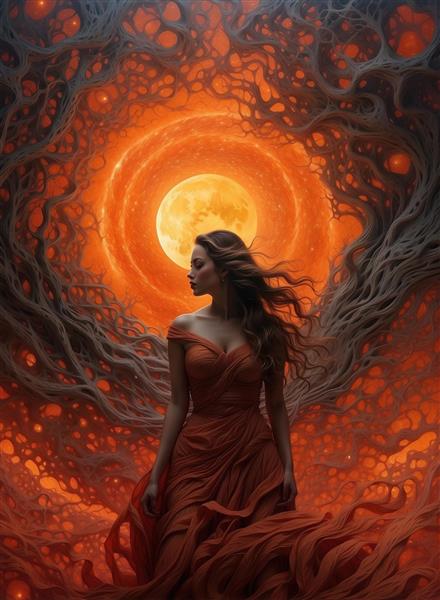 زن در لباس قرمز میان جنگل جادویی و ماه بزرگ درخشان برای پوستر دیواری عمودی سالن‌های بزرگ و اتاق پذیرایی با تم سورئال