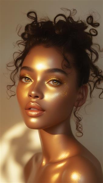 چهره فانتزی زن سیاهپوست با آرایش طلایی درخشان و پوست براق ویژه تابلوهای دکوراتیو سالن زیبایی و اتاق خواب مدرن با قابلیت چاپ روی بوم