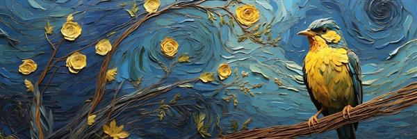 تابلو نقاشی سبک امپرسیونیسم طرح پرنده و گل‌های زرد برای چاپ پرده تصویری و پوستر دیواری هنری پذیرایی