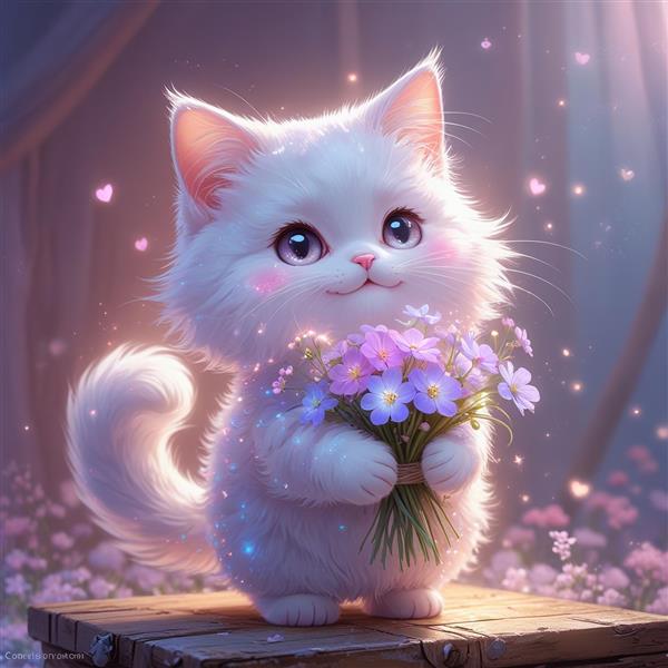 طرح گرافیکی گربه سفید با دسته‌گل بنفش برای چاپ روی کوسن، ماگ و پوستر دیواری فانتزی اتاق دخترانه
