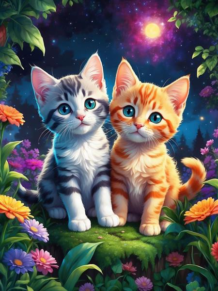 پوستر دیواری دو بچه گربه در میان گل‌های رنگارنگ زیر نور ماه برای دکوراسیون اتاق خواب و تابلوی فانتزی