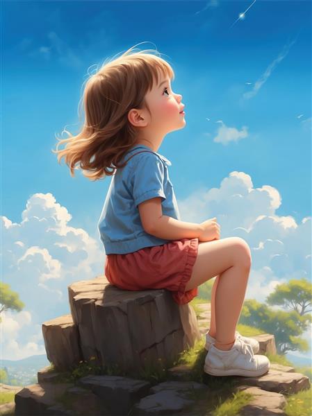 تصویر فانتزی دختر بچه در حال تماشای ستاره‌ها مناسب چاپ پوستر دیواری اتاق کودک و تابلوی دکوراتیو مهدکودک