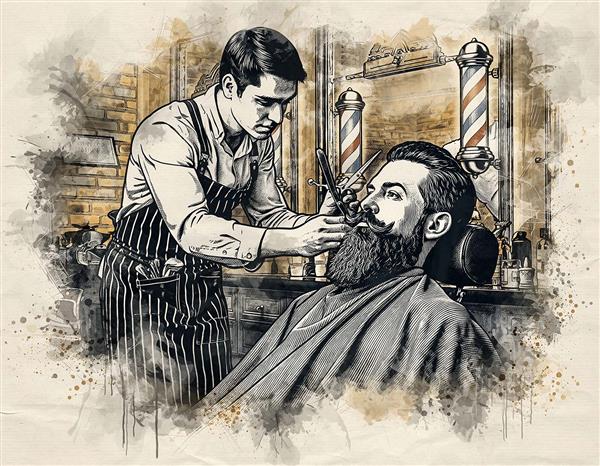 طرح کاغذ دیواری آرایشگاه مردانه مرد آرایشگر در حال اصلاح مشتری