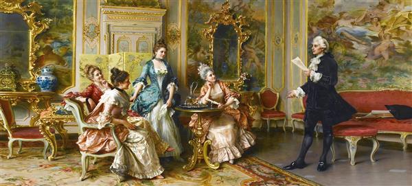 تابلو دکوراتیو طرح شاعر جوان در مهمانی اشرافی اروپایی با فیگورهای کلاسیک مناسب سالن پذیرایی و عمارت‌های مجلل