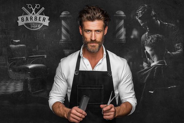 پوستر دیواری آرایشگاه مردانه آرایشگر همراه قیچی و شونه همراه با زمینه تیره
