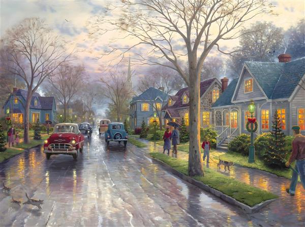 نقاشی نوستالژیک محله مسکونی در باران و غروب برای پوستر دیواری راهرو و لابی آپارتمان