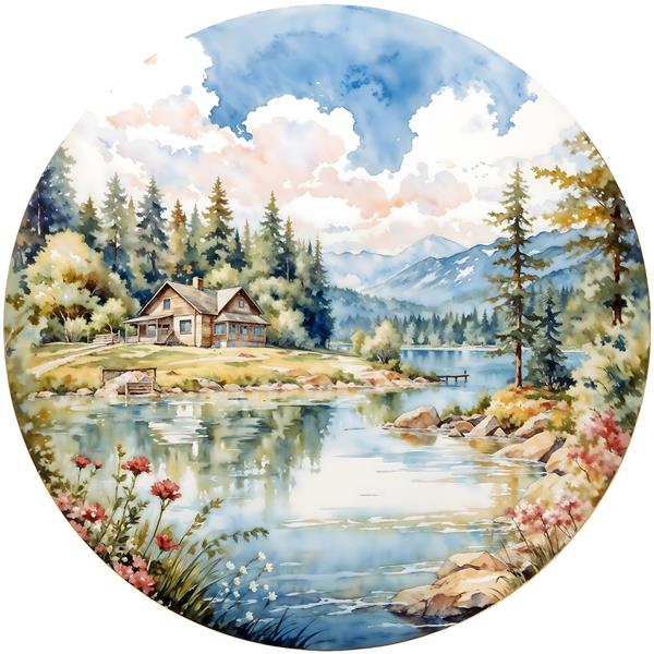 طرح آبرنگی دایره‌ای کلبه جنگلی کنار دریاچه و کوهستان ویژه اتاق مستر و نشیمن