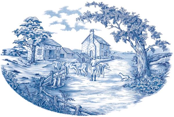 طرح بشقاب دیواری کلاسیک با تصویر چوپان و گله در روستا مناسب برای چاپ ظروف و دیوارکوب دکوری