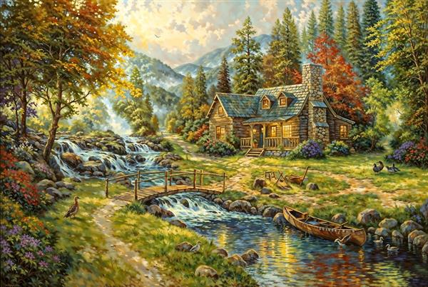 منظره نقاشی طبیعت، رودخانه و کلبه سنگی در جنگل پاییزی برای پوستر دیواری سالن پذیرایی و ویلا