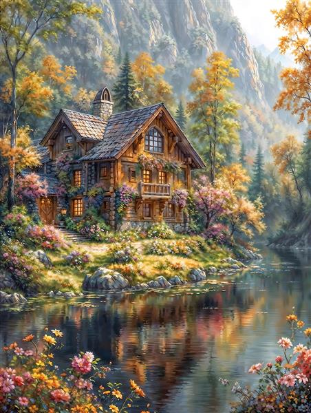 منظره رویایی کلبه چوبی جنگلی کنار برکه با انعکاس نور برای پوستر دیواری سه بعدی اتاق خواب