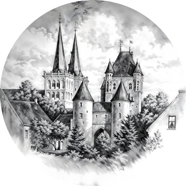 تصویر گرافیکی عمارت و کلیسای قدیمی به سبک قلم‌زنی مناسب برای قاب دکوراتیو و دفتر مدیریت