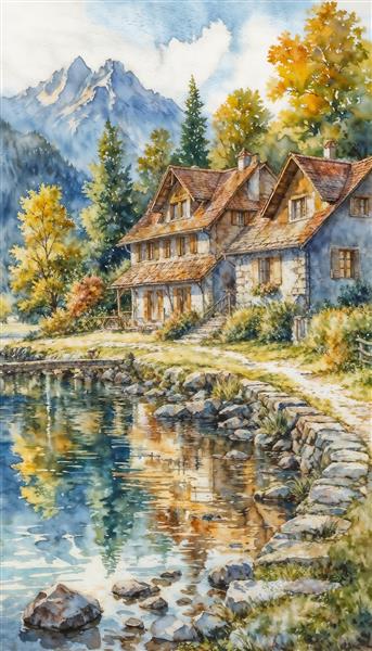 منظره آبرنگی خانه‌های کوهستانی و انعکاس در آب مناسب برای چاپ روی ماگ، تری و تابلوهای دکوراتیو مدرن