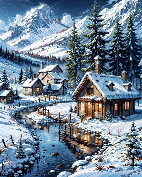 پوستر دیواری زمستانی کلبه‌های چوبی و کوهستان برفی ویژه دکوراسیون ویلا، رستوران‌های کوهستانی و شومینه