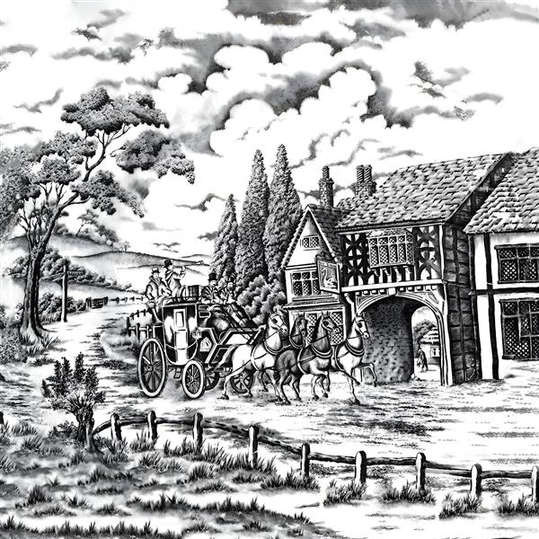 طرح سیاه و سفید کالسکه سلطنتی و عمارت قدیمی مناسب برای چاپ کاغذ دیواری کلاسیک و پوسترهای هنری خاص