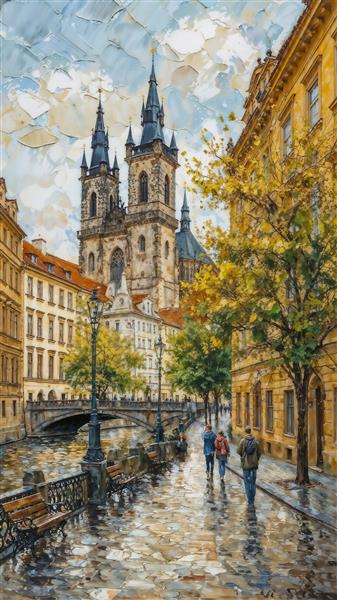 پوستر دیواری سه بعدی طرح معماری گوتیک کلیسای تین پراگ با منظره رودخانه و پیاده‌رو مناسب لابی و دفاتر تجاری