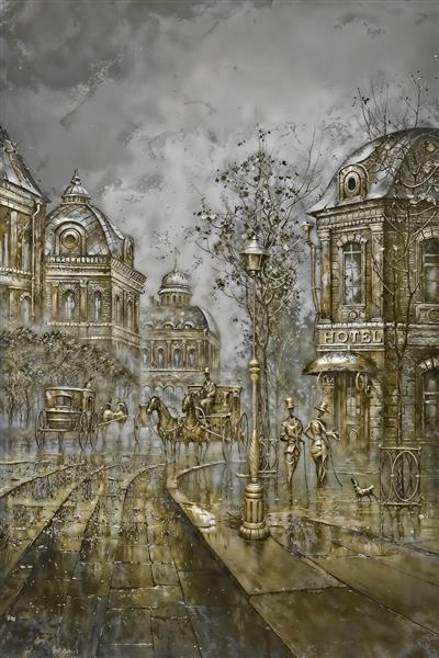 نقاشی مدرن خیابان اروپایی، هتل و کالسکه با تم رنگی طلایی و خاکستری ویژه پوستر دیواری لابی هتل و دفتر کار