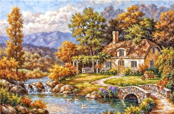 طرح منظره بهاری خانه ویلایی با باغچه پرگل و برکه برای پوستر دیواری سه بعدی اتاق مستر و تالارها