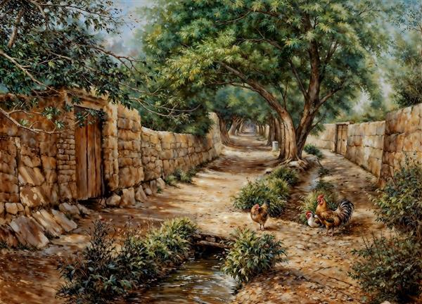 منظره کوچه باغ سنتی ایرانی با دیوار کاهگلی و مرغ و خروس برای چاپ روی فرش، موکت و پوستر دیواری سنتی