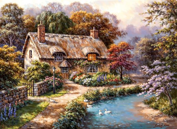 نقاشی کلاسیک کلبه روستایی کنار رودخانه و قوهای شناور مناسب چاپ پرده تصویری و پوستر دیواری اتاق نشیمن