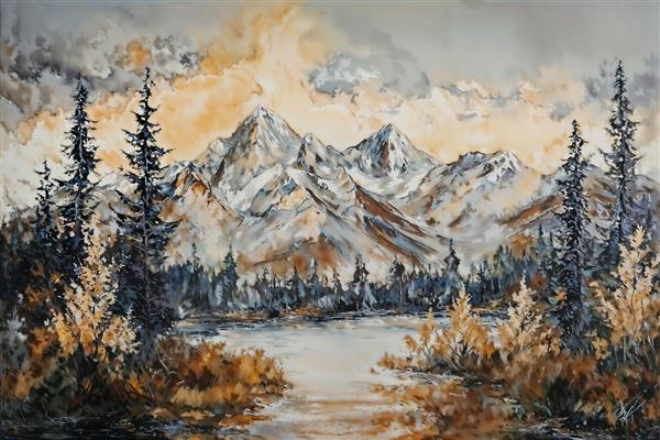 طرح هنری قله‌های برفی و جنگل کاج با تم رنگی پاییزی برای تابلو دکوراتیو لوکس و پوستر دیواری پذیرایی و هتل