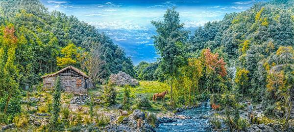 منظره پانوراما از کلبه کوهستانی و رودخانه خروشان در دل جنگل سبز ایده آل برای چاپ پوستر دیواری عریض و بین‌کابینتی