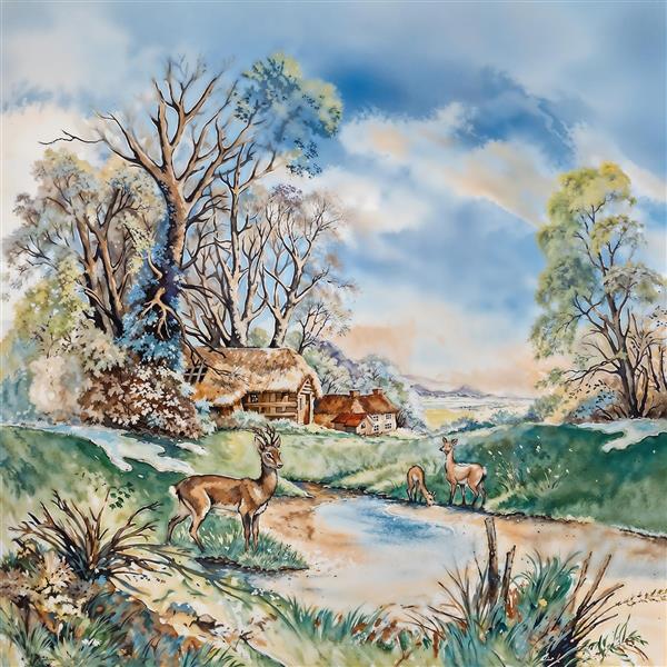 پوستر دیواری طرح نقاشی رنگ روغن از منظره کلبه زمستانی و گوزن‌ها در طبیعت بکر ویژه نصب در اتاق خواب و ویلا