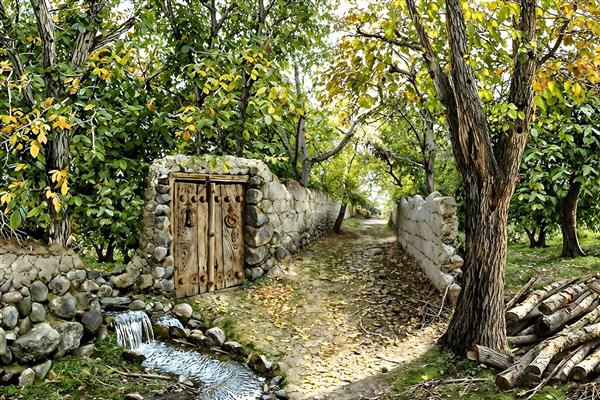 تصویر باکیفیت کوچه باغ ایرانی و درب چوبی قدیمی برای پوستر دیواری ورودی آپارتمان و سالن
