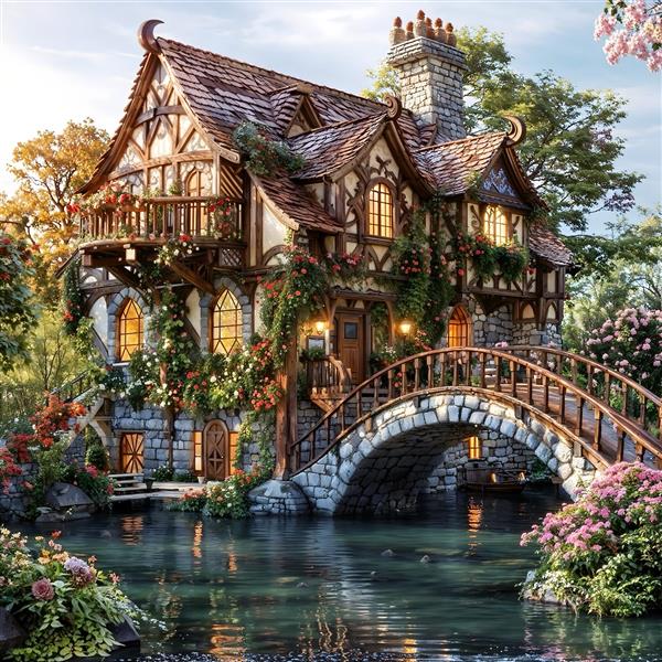 کلبه فانتزی و پل سنگی روی دریاچه گلستان مناسب چاپ کاغذ دیواری اتاق دخترانه و مهدکودک