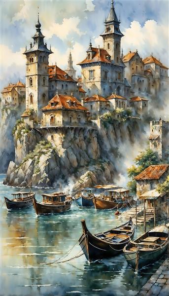 نقاشی آبرنگ قلعه قدیمی کنار ساحل و قایق‌های چوبی برای پوستر دیواری عمودی و دکوراسیون کلاسیک