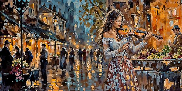 نقاشی هنری زن ویولن‌زن در خیابان قدیمی اروپایی مناسب پوستر دیواری سالن موسیقی و آموزشگاه هنر
