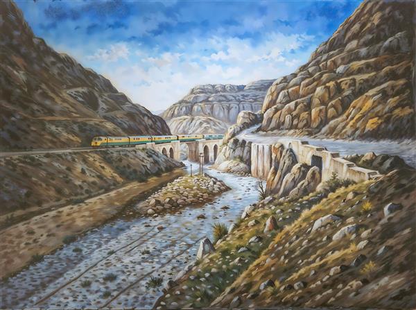 نقاشی پل ریلی و قطار در میان کوهستان سنگی برای چاپ روی پرده تصویری و پوستر دیواری اتاق نوجوان