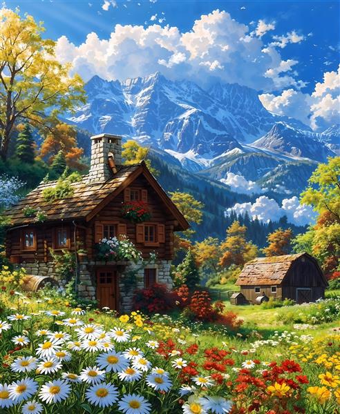 پوستر دیواری منظره کوهستان آلپ و دشت گل‌های بابونه مناسب دکوراسیون اتاق کودک و مهدکودک